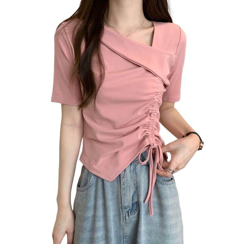 Women's Summer Slim Fit Short Sleeve T-Shirt with Asymmetric Neckline - Image 5
