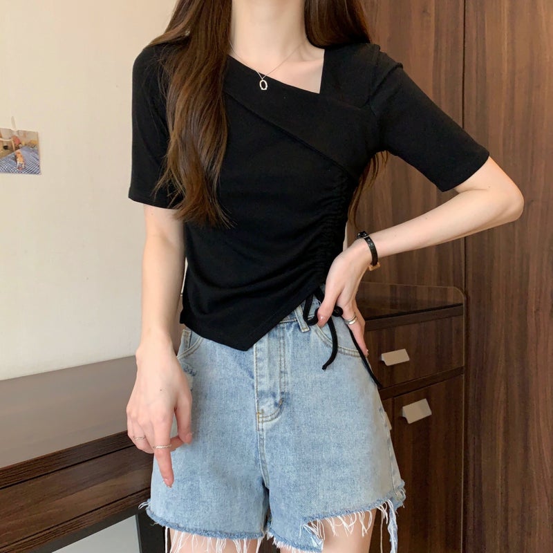 Women's Summer Slim Fit Short Sleeve T-Shirt with Asymmetric Neckline - Image 2