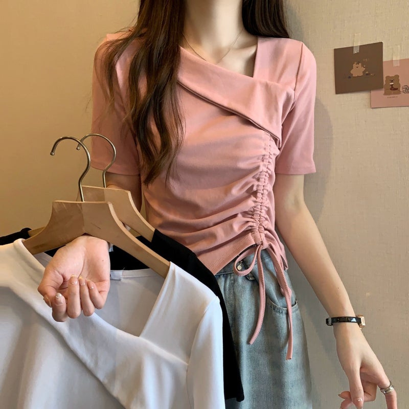 Women's Summer Slim Fit Short Sleeve T-Shirt with Asymmetric Neckline - Image 1