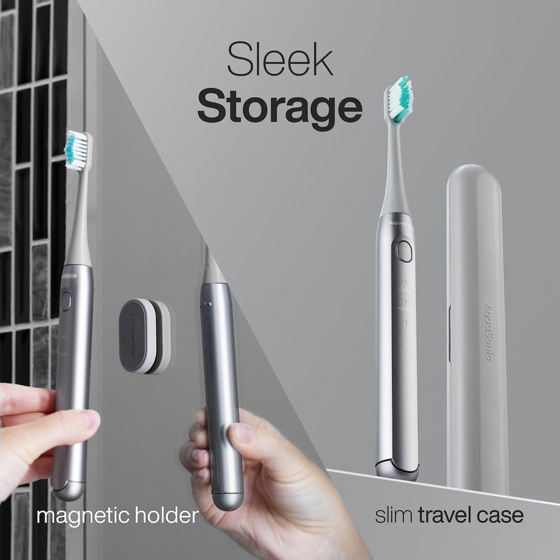 Aquasonic Icon ADA-Accepted Rechargeable Toothbrush | Magnetic Holder & Slim Travel Case | 2 Brushing Modes & Smart Timers | Gentle Micro-Vibrations (Stone) - Image 4