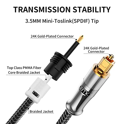 EMK 24K Gold-Plated Toslink to Mini Toslink Cable (3ft/1M) - Digital Optical Audio Cable with 3.5mm Mini Plug for Soundbar, Home Theater, TV - Silver SPDIF Fiber Optic Cable - Image 4