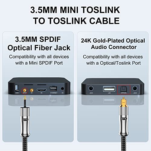 EMK 24K Gold-Plated Toslink to Mini Toslink Cable (3ft/1M) - Digital Optical Audio Cable with 3.5mm Mini Plug for Soundbar, Home Theater, TV - Silver SPDIF Fiber Optic Cable - Image 5