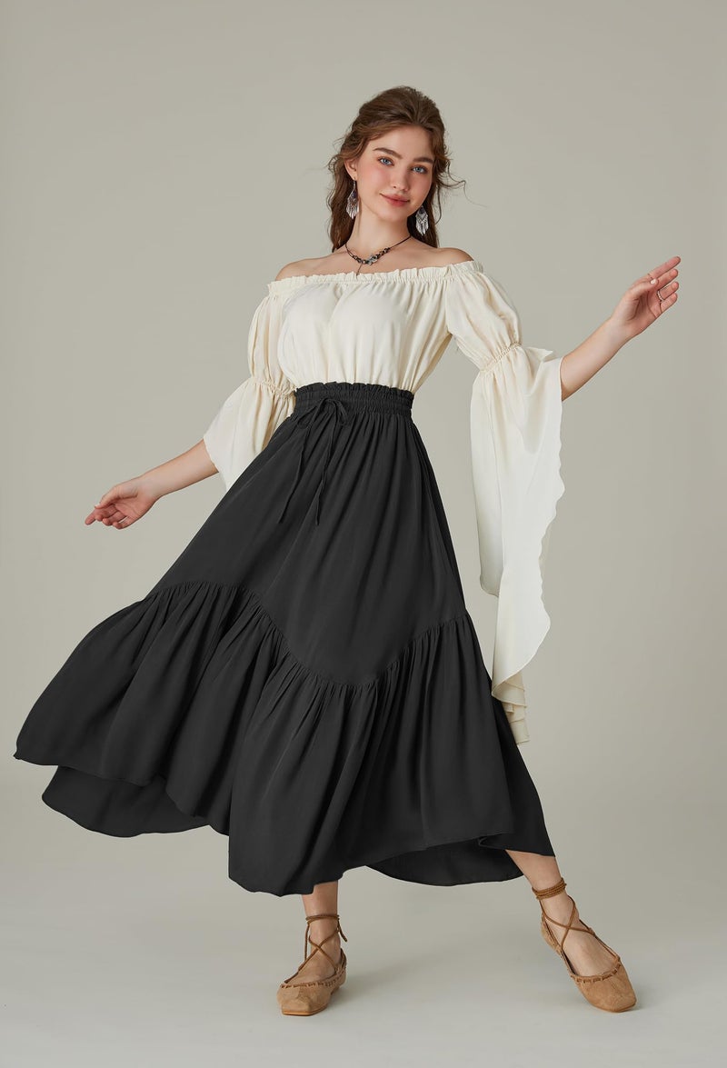 Scarlet Darkness Black Long Skirt for Women Spring Maxi Skirt High Waist Skirt with Pockets Black S - Image 5