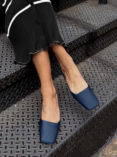 Coutgo Women's Mules Low Kitten Heel Closed Square Toe Slip On Backless Dress Shoes,Size Fits Large Navy Blue - Image 2
