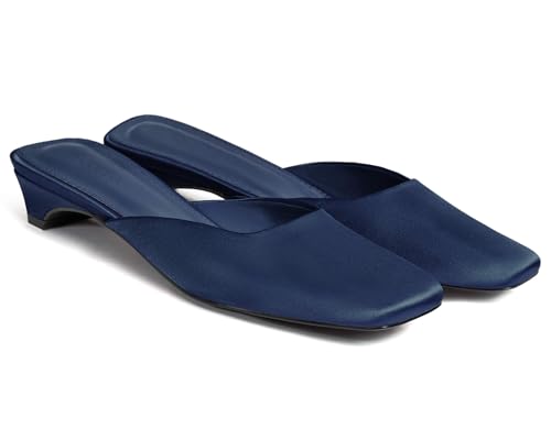 Coutgo Women's Mules Low Kitten Heel Closed Square Toe Slip On Backless Dress Shoes,Size Fits Large Navy Blue - Image 1