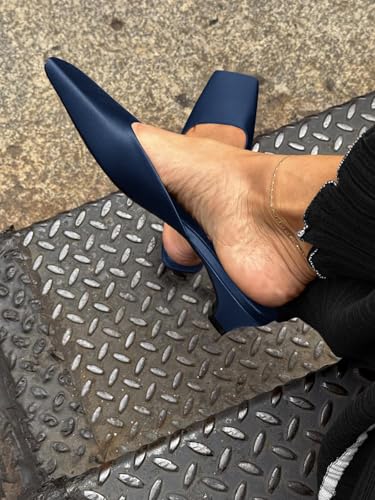 Coutgo Women's Mules Low Kitten Heel Closed Square Toe Slip On Backless Dress Shoes,Size Fits Large Navy Blue - Image 3