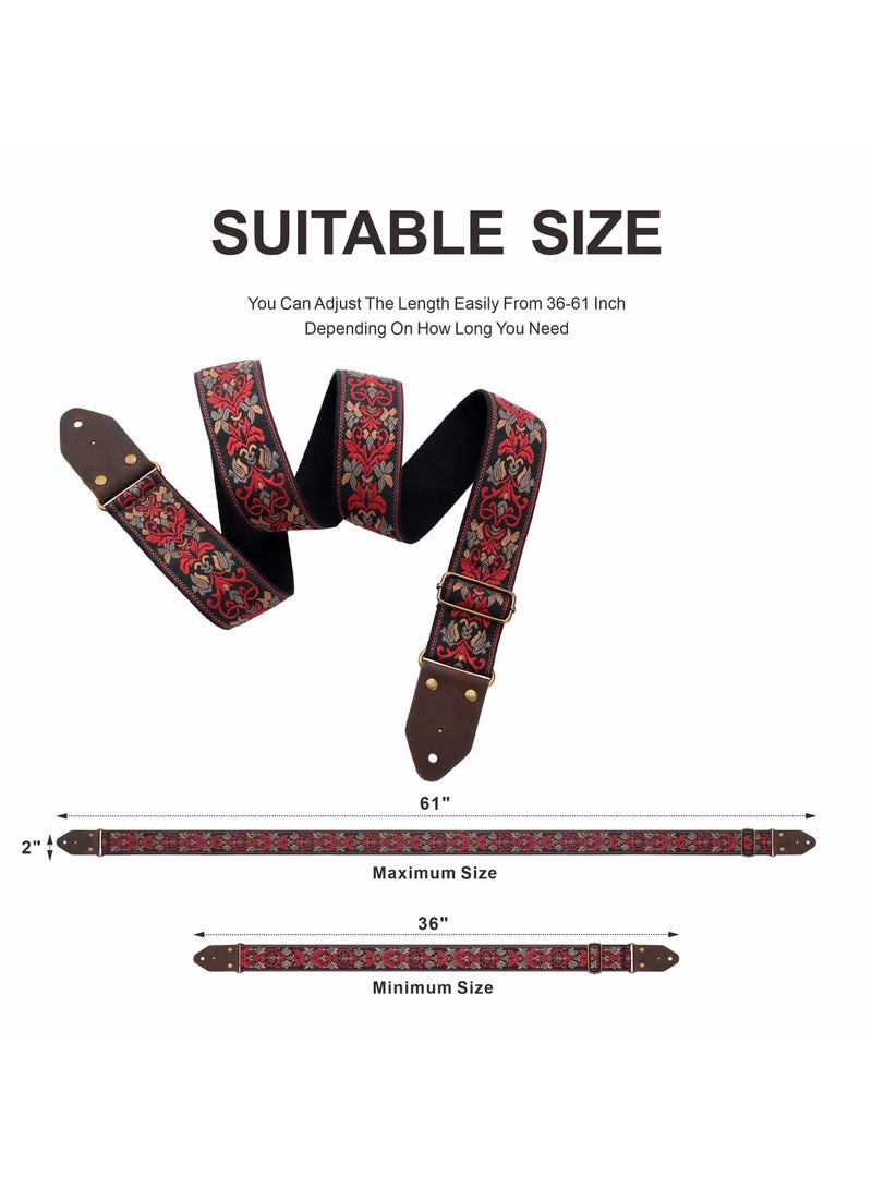 Guitar Strap, Jacquard Embroidery Cotton Guitar Straps with Crazy Horse Leather Leather Ends for Bass, Electric & Acoustic, Best Gifts for Kids, Guitarists(Retro Red Flower)