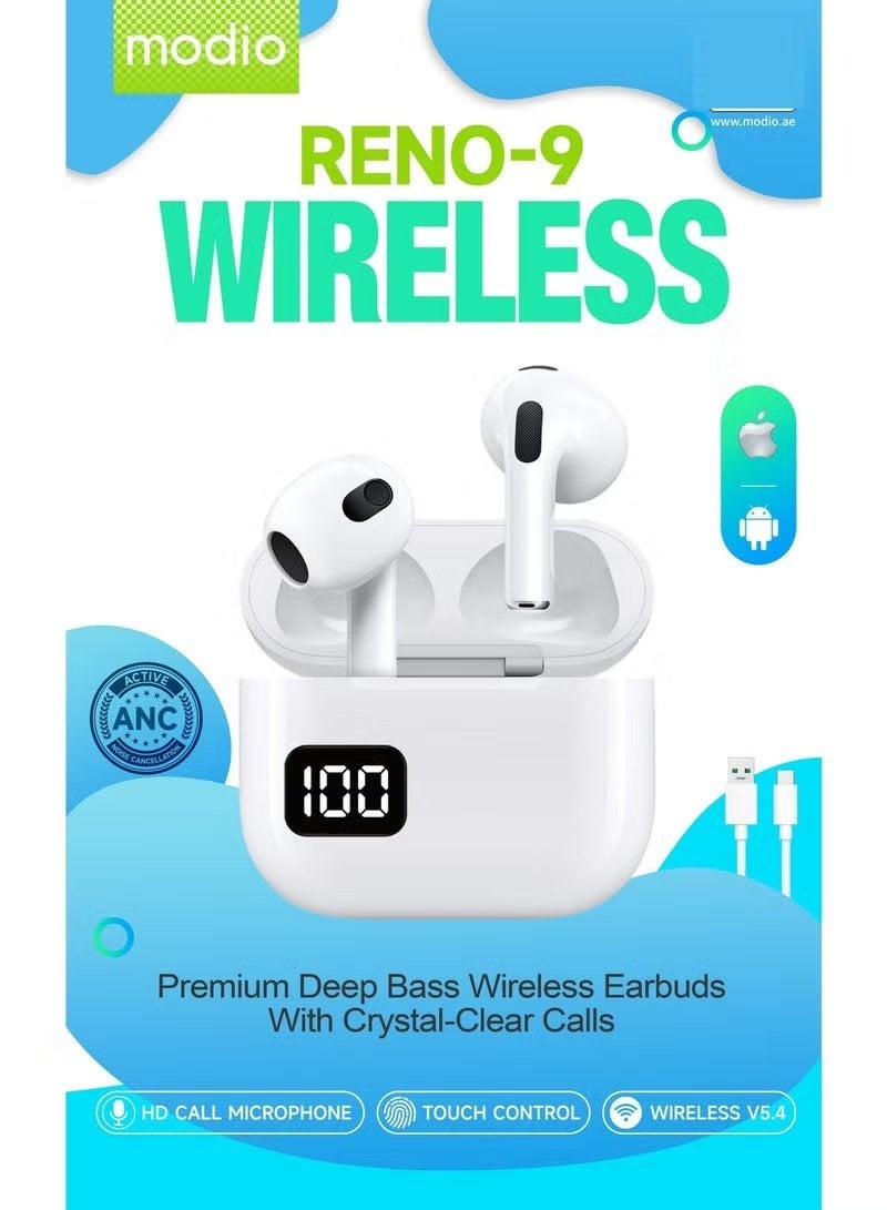 modio RENO-9 Wireless Earbuds Bluetooth 5.4 TWS with LED Digital Power Display, HD Calling Mic, Noise Reduction, Touch Control, Deep Bass In-Ear Headphones for Android & Tablets - White - Image 4