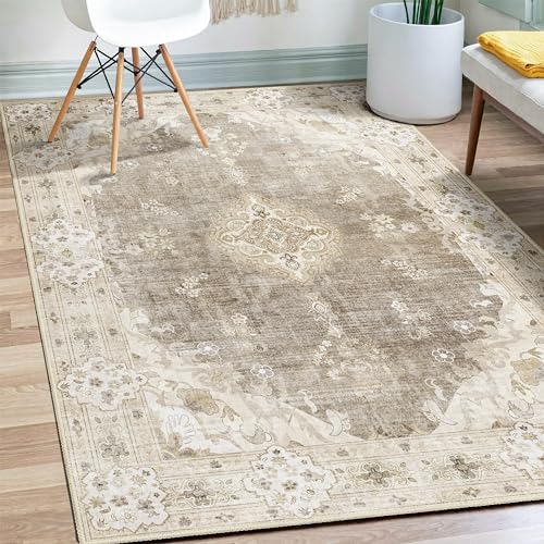 MUJOO Beige Rug 3'x5' Washable, Boho Area Rugs for Entryway Bedroom Living Room Kitchen,Small Vintage Bohemian Distressed Farmhouse Non Slip Carpet,Floral - Image 1