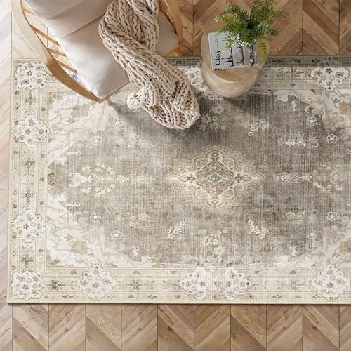 MUJOO Beige Rug 3'x5' Washable, Boho Area Rugs for Entryway Bedroom Living Room Kitchen,Small Vintage Bohemian Distressed Farmhouse Non Slip Carpet,Floral - Image 2