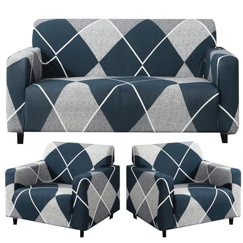 Furshine Sofa Cover 3 Seater and 2 Seater Fully Covered 5 Seater Sofa Cover Non-Slip Sticky Elastic Stretchable Sofa Set Imported Slipcover Blue Rhombus, Five Seater (3+1+1) - Image 1