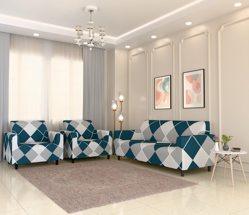 Furshine Sofa Cover 3 Seater and 2 Seater Fully Covered 5 Seater Sofa Cover Non-Slip Sticky Elastic Stretchable Sofa Set Imported Slipcover Blue Rhombus, Five Seater (3+1+1) - Image 2