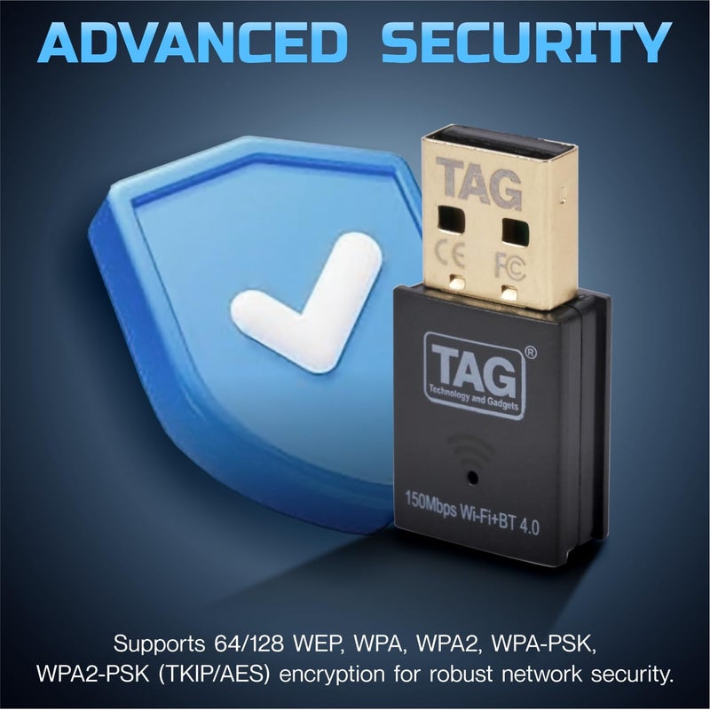 TAG Rapidbay WiFi & Bluetooth 4.2 USB Adapter | 150Mbps 2.4GHz Wireless Dongle | Plug & Play for PC/Laptop/Desktop | Windows 11/10/8.1/7 | Nano Design | Soft AP Mode | Secure Connection - Image 4