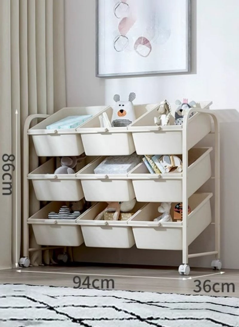 شو وو منظم تخزين ألعاب الأطفال مع 9 صناديق تخزين، رف متعدد الأغراض بثلاث طبقات للبنات والأولاد، خزانة تخزين ألعاب بعجلات لغرفة الأطفال، غرفة اللعب، غرفة الحضانة - Image 2
