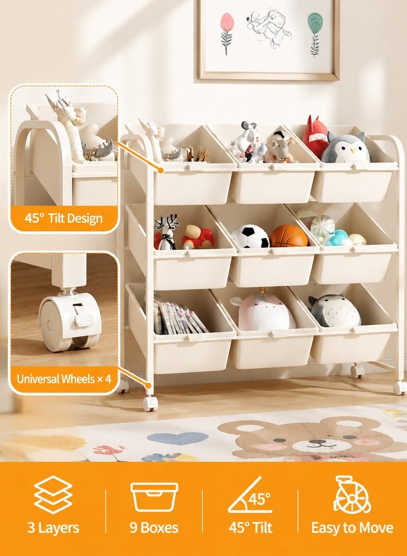 XiuWoo Kids Toy Storage Organizer with 9 Removable Bins and Wheels, 3 Tier Children Toy Shelf Cabinet, Tilted Toy Storage Rack for Books Blocks Art Supplies, Playroom Bedroom Nursery Organization - Image 1