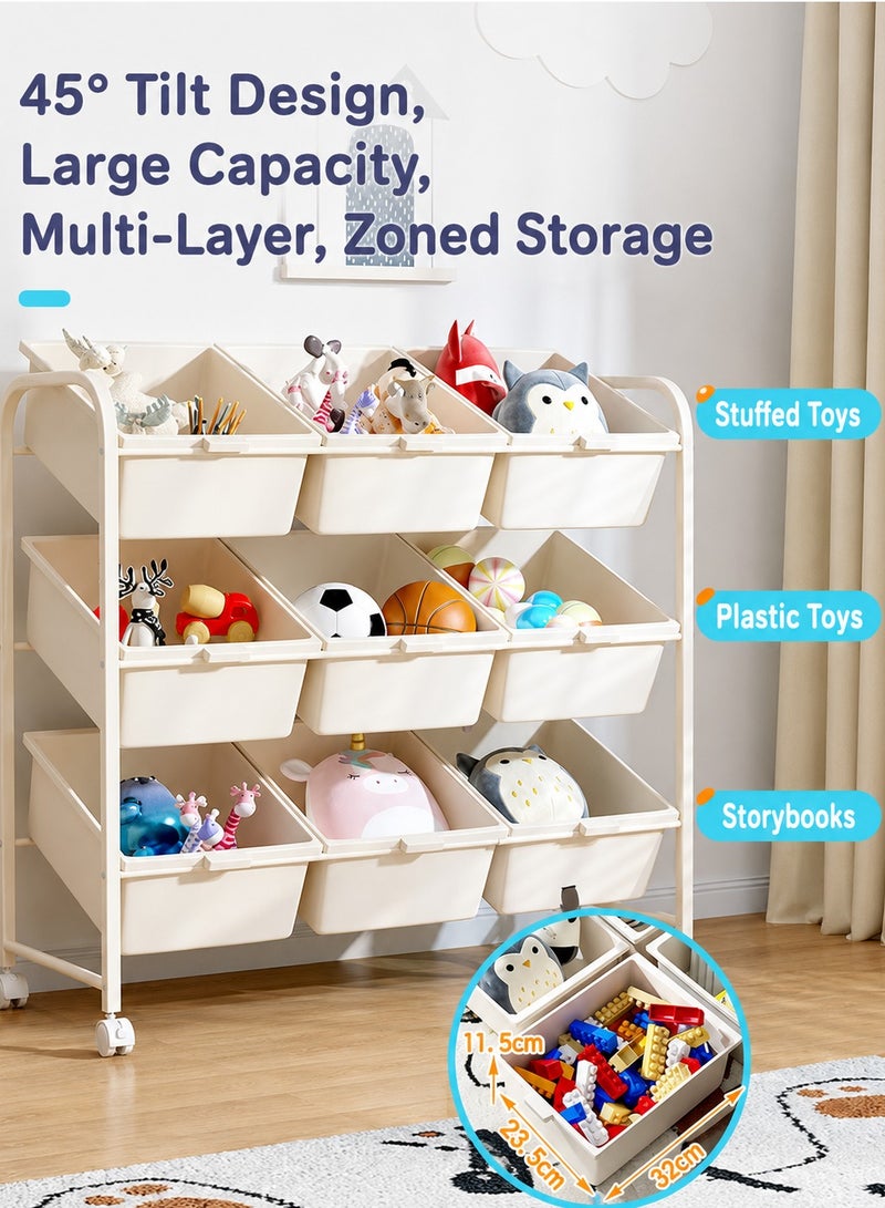 XiuWoo Kids Toy Storage Organizer with 9 Removable Bins and Wheels, 3 Tier Children Toy Shelf Cabinet, Tilted Toy Storage Rack for Books Blocks Art Supplies, Playroom Bedroom Nursery Organization - Image 5