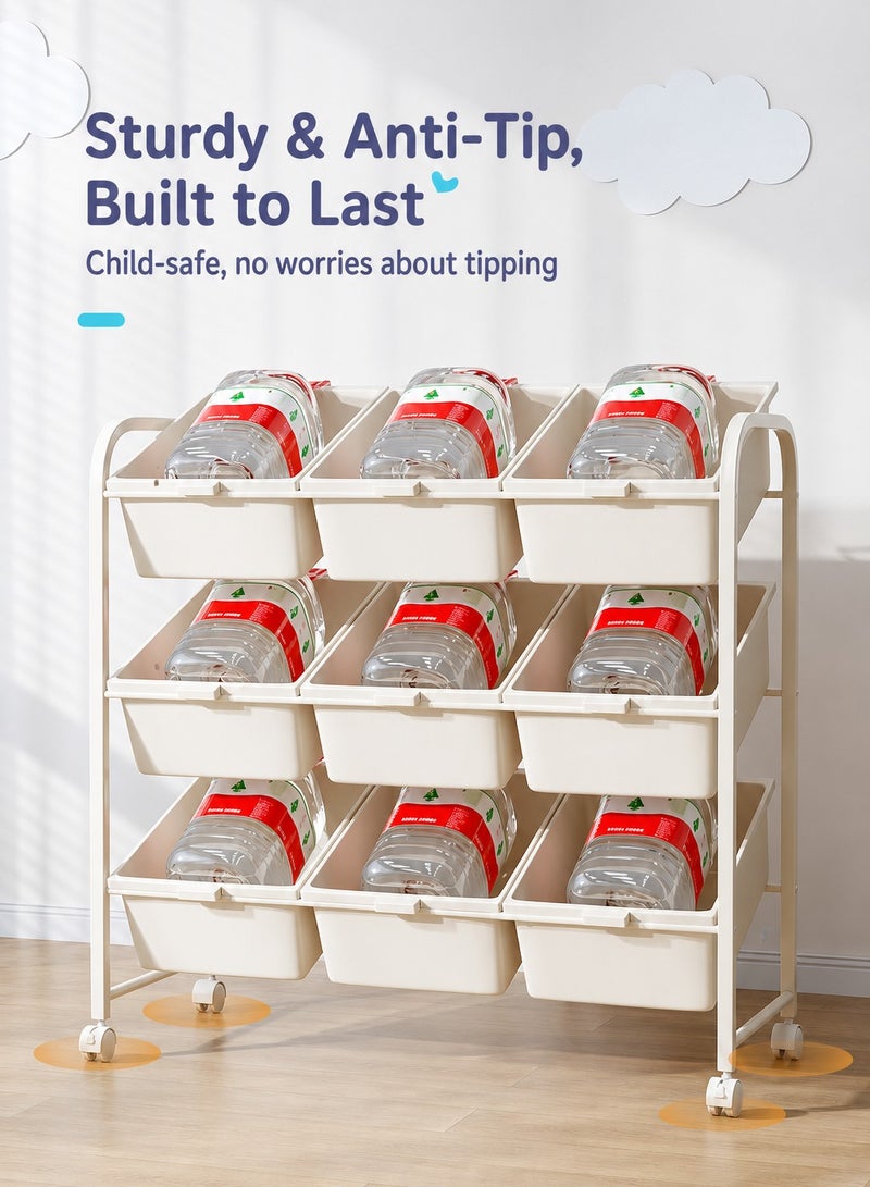 XiuWoo Kids Toy Storage Organizer with 9 Removable Bins and Wheels, 3 Tier Children Toy Shelf Cabinet, Tilted Toy Storage Rack for Books Blocks Art Supplies, Playroom Bedroom Nursery Organization - Image 3