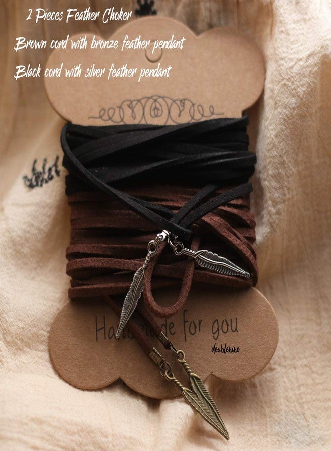 Doubnine Boho Feather Choker Wrap Necklace 2pcs Versatility Vegan Suede Y Lariat Gothic Black Brown Bronze Accessories for Women - Image 4