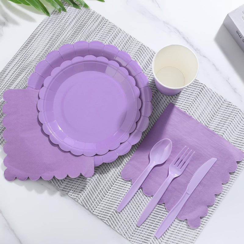 Xiangqu 175 Pcs Lavender Paper Plates and Napkins, Light Purple Party Supplies Include Scalloped Easter Plates Napkin Cup Plastic Cutlery for Spring Garden Party, Baby Shower, Wedding - Image 4