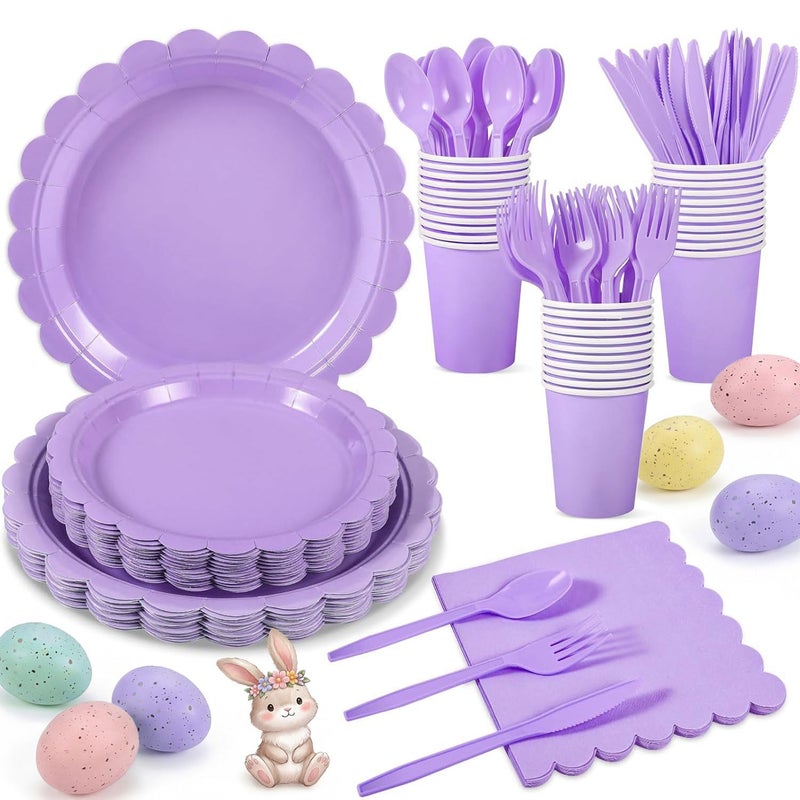 Xiangqu 175 Pcs Lavender Paper Plates and Napkins, Light Purple Party Supplies Include Scalloped Easter Plates Napkin Cup Plastic Cutlery for Spring Garden Party, Baby Shower, Wedding - Image 1