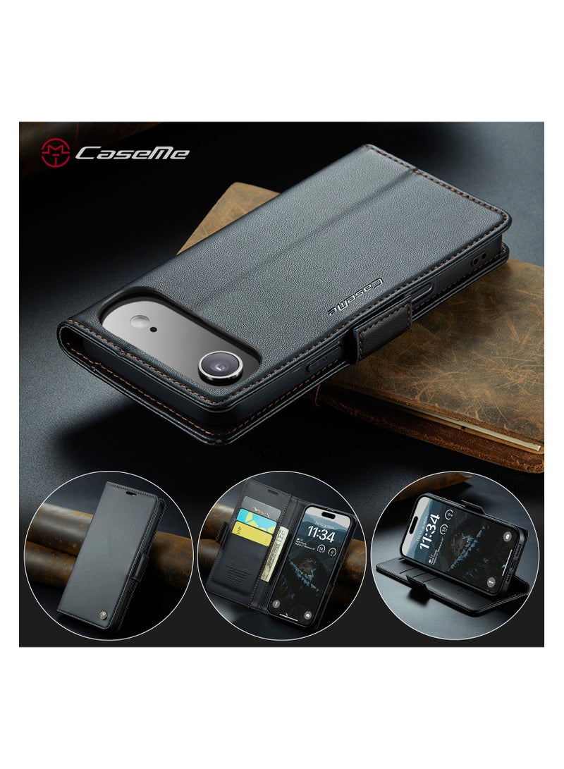 CaseMe Phone Case Luxury PU Leather Design Anti Fingerprint 023 Flip Cover Card Slot Holder Cover For IPhone 17 Air (Black ) - Image 2