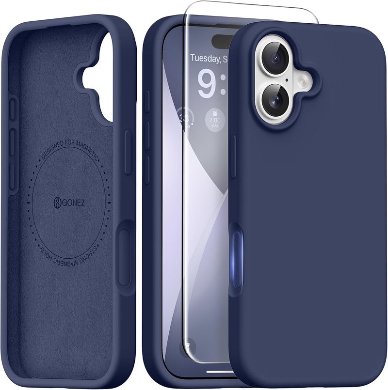 GONEZ Magnetic for iPhone 16 Case, Compatible with MagSafe, [Screen Protector + Camera Lens Protector], Liquid Silicone Shockproof Protective Phone Case for iPhone 16 6.1", Midnight Blue - Image 1