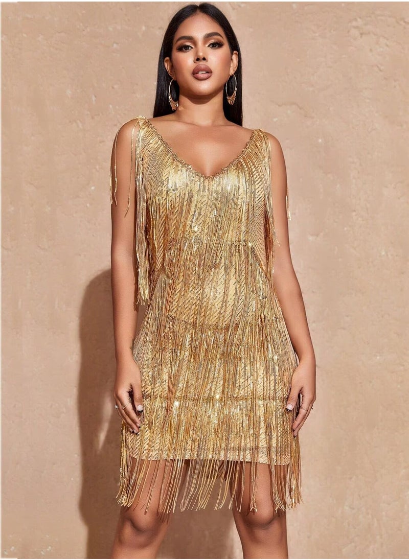Madam Uniq Sparkly Tassels Fringe Dress for Women V Neck Backless Sequin Mini Dress Party Evening Cocktail Dress  - Image 1