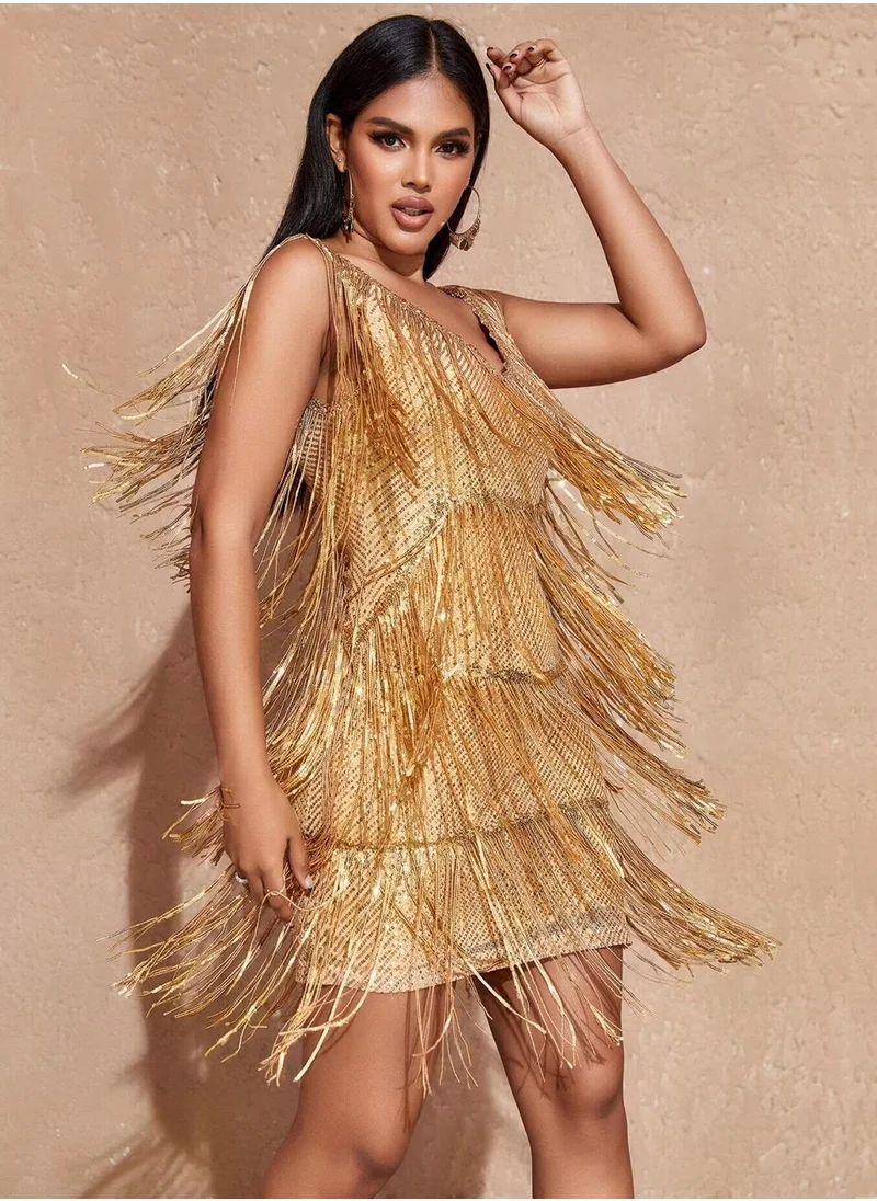 مدام يونيك Sequined Gold Cocktail Dresses Flapper Dresses 1920s Gatsby Mini Dresses Ball Gown