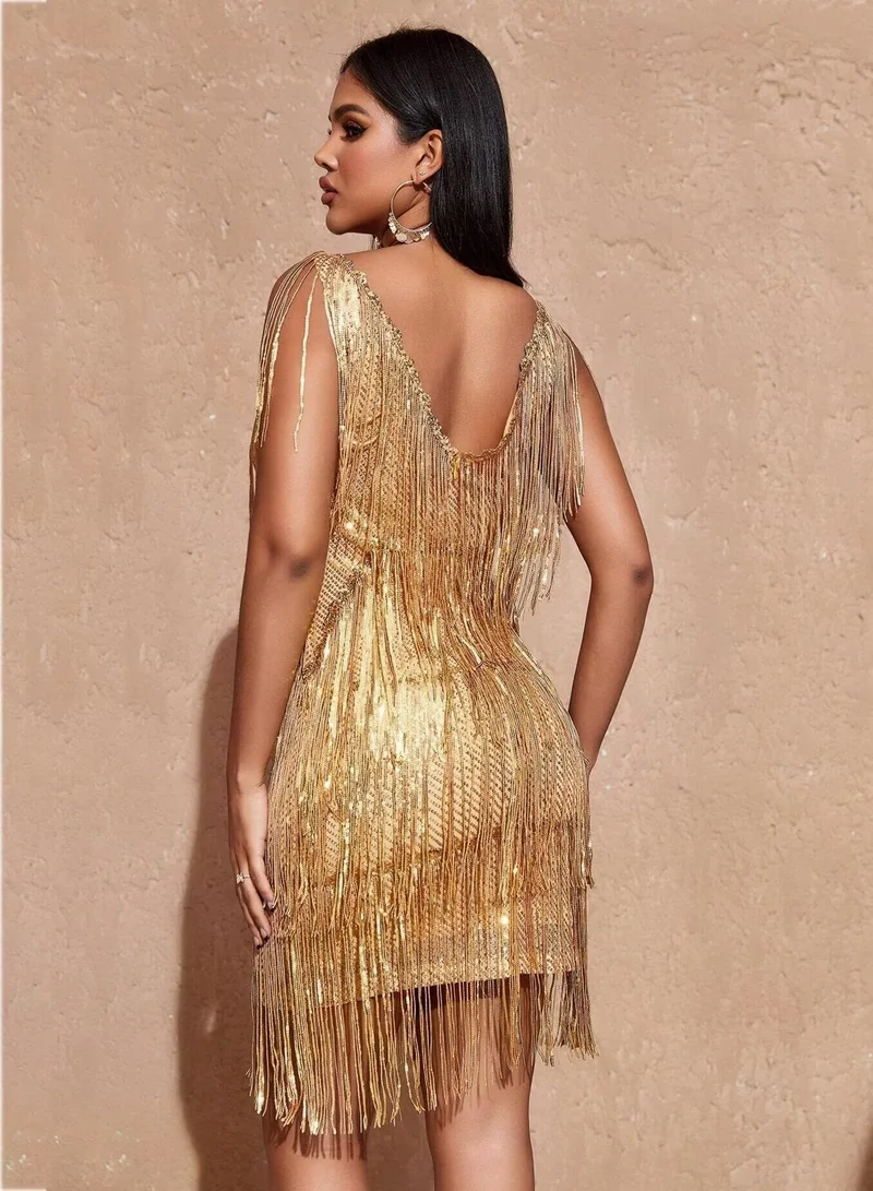 Madam Uniq Sparkly Tassels Fringe Dress for Women V Neck Backless Sequin Mini Dress Party Evening Cocktail Dress