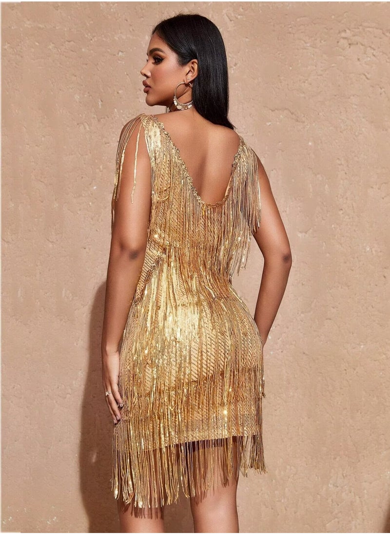 Madam Uniq Sparkly Tassels Fringe Dress for Women V Neck Backless Sequin Mini Dress Party Evening Cocktail Dress  - Image 5