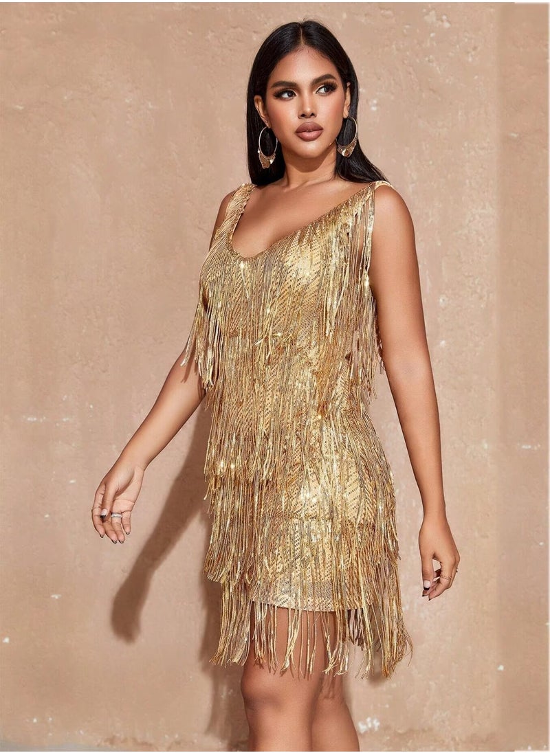 Madam Uniq Sparkly Tassels Fringe Dress for Women V Neck Backless Sequin Mini Dress Party Evening Cocktail Dress  - Image 3