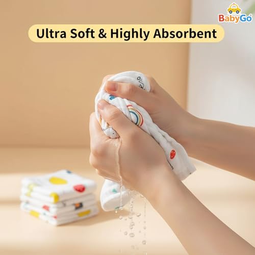 BabyGo Baby Muslin Washcloths, Super Soft 100% Cotton Face Towels | Reusable Hygiene Wash Cloth | Napkin for New Babies | Soft Hankies for Children (25cm x50cm) (Pack of 2) - Image 4