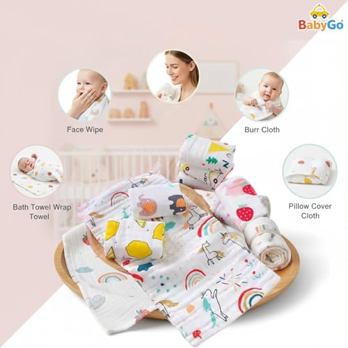 BabyGo Baby Muslin Washcloths, Super Soft 100% Cotton Face Towels | Reusable Hygiene Wash Cloth | Napkin for New Babies | Soft Hankies for Children (25cm x50cm) (Pack of 2) - Image 3