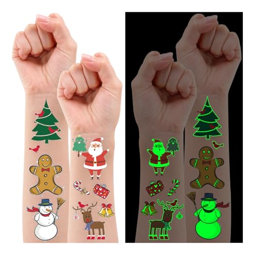 Partywind Luminous Christmas Temporary Tattoos for Party Decorations, Glow Christmas Stocking Stuffers for Kids Party Favors Supplies, Xmas Holiday Stickers for Kids Boys Girls - 4 Sheets - Image 1