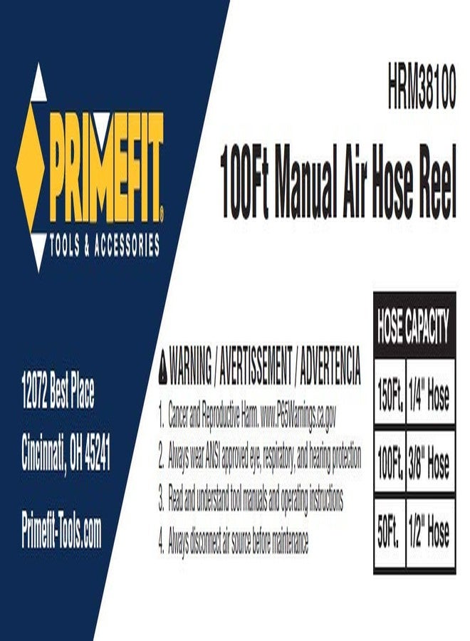 Primefit HRM38100 Manual Air Hose Reel with 100ft Capacity using 3/8" ID Air Hose - Image 3