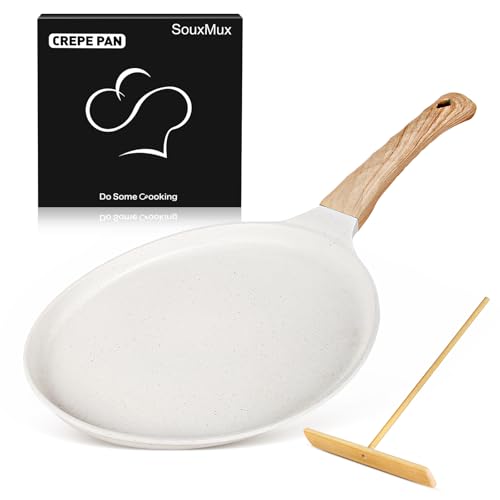 SouxMux Nonstick 11-Inch Crepe Pan with Spreader, Ceramic Coated Dosa Tawa Pan, Induction Compatible Flat Skillet for Pancakes, Omelettes, and More with Cool Handle, PFOA Free - Image 1
