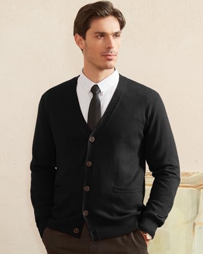 Kallspin Men's Cardigan Sweaters Wool Blend V Neck Button Down Sweaters with Pockets(Black, Medium) - Image 4