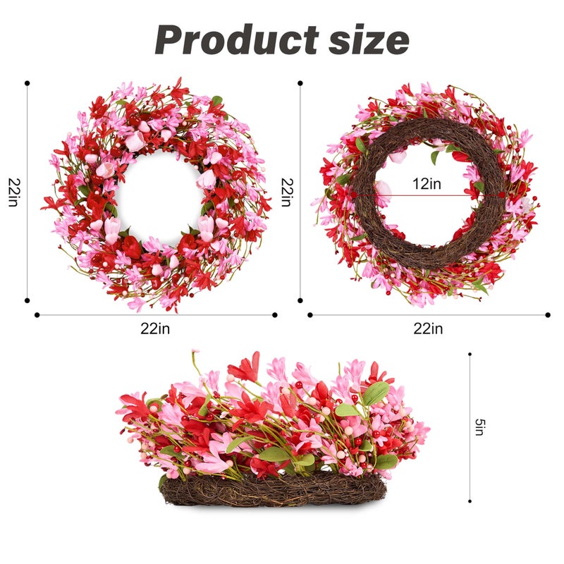 MAINGKAUNG Valentine's Day Wreath 22 Inch Valentines Day Wreaths for Front Door Valentine Door Wreath with Red Berries Pink Forsythia Flowers Red Tulip for Wedding Decor Candlelight Dinner Anniversary - Image 4