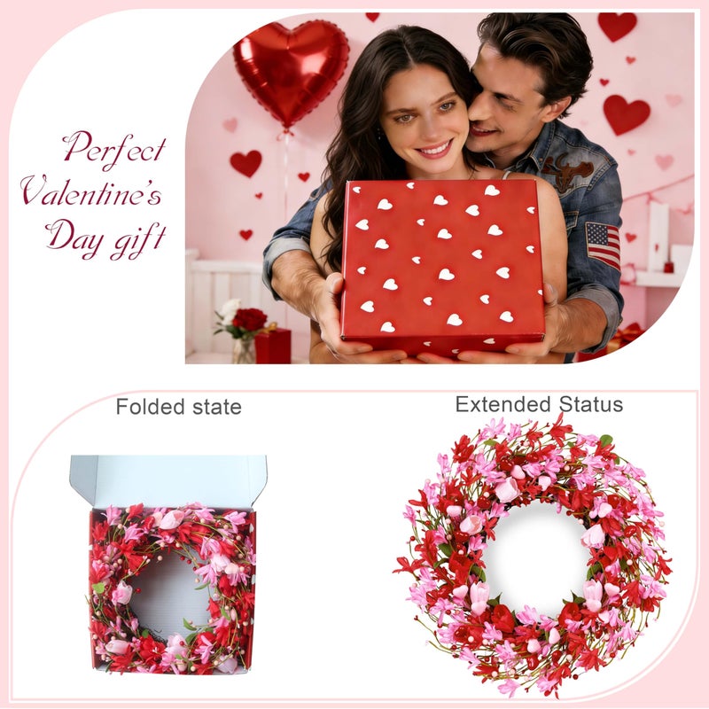 MAINGKAUNG Valentine's Day Wreath 22 Inch Valentines Day Wreaths for Front Door Valentine Door Wreath with Red Berries Pink Forsythia Flowers Red Tulip for Wedding Decor Candlelight Dinner Anniversary - Image 2