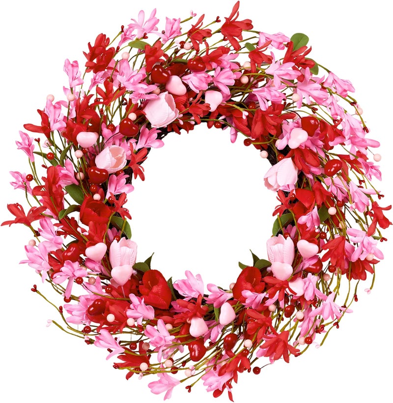 MAINGKAUNG Valentine's Day Wreath 22 Inch Valentines Day Wreaths for Front Door Valentine Door Wreath with Red Berries Pink Forsythia Flowers Red Tulip for Wedding Decor Candlelight Dinner Anniversary - Image 1