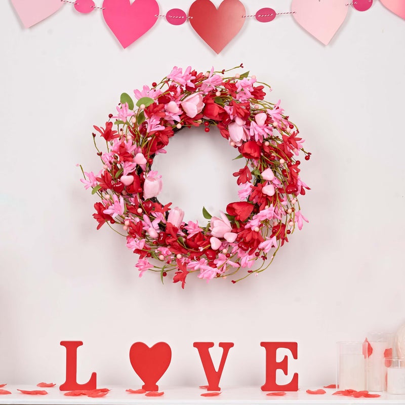 MAINGKAUNG Valentine's Day Wreath 22 Inch Valentines Day Wreaths for Front Door Valentine Door Wreath with Red Berries Pink Forsythia Flowers Red Tulip for Wedding Decor Candlelight Dinner Anniversary - Image 3
