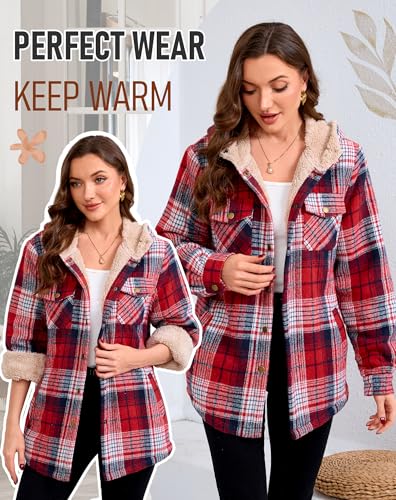 Elesuit Women's Fleece Flannel Jackets Shirt Plaid Cotton Hoodies Button Down Soft Sherpa Lined Jacket with Hood for Women Dark Red X-large - Image 5