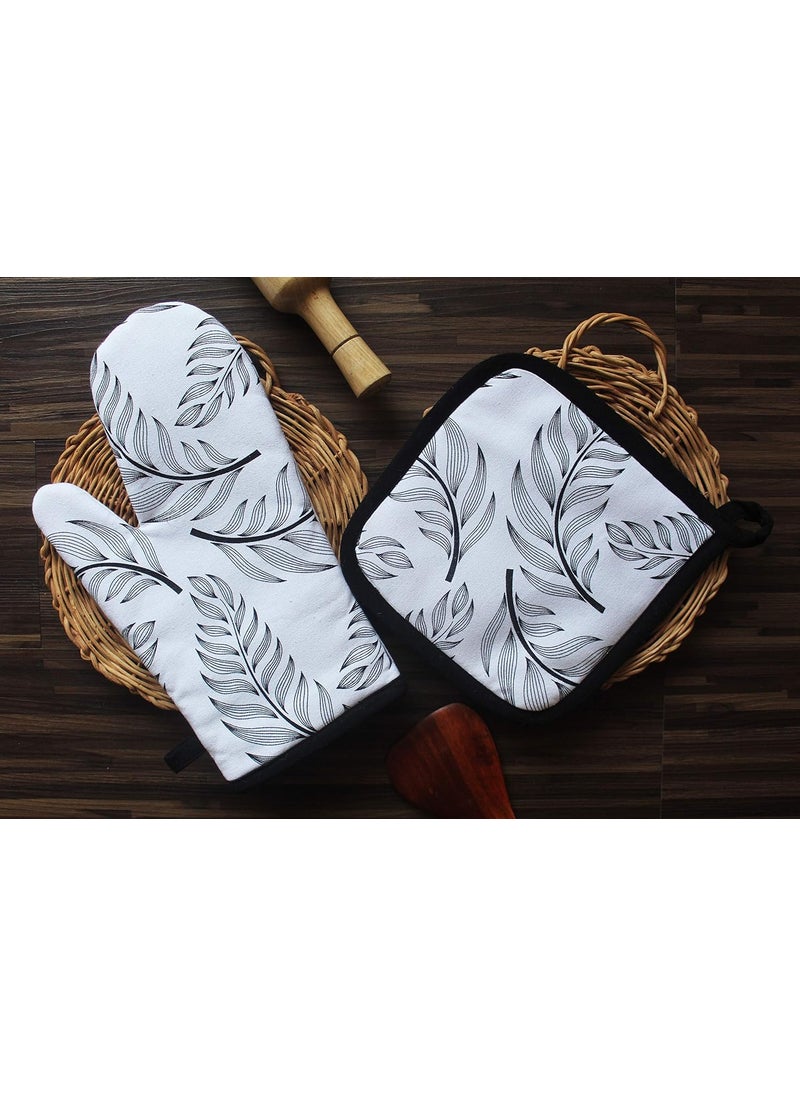 AIRWILL Airwill Cotton Designer Pattern Heat Resistant Kitchen Linens 1 Oven Mitt 1 Pot Holder BlackWhite  - Image 1
