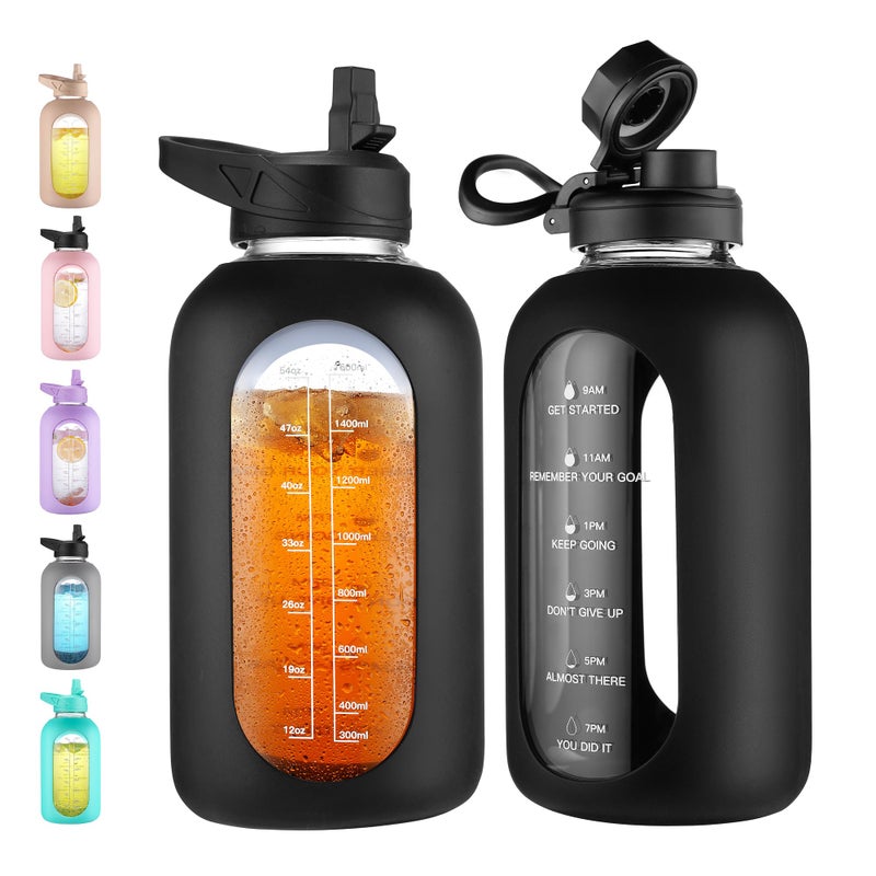CIVAGO 64 oz Glass Water Bottle Jug with Straw and Handle, Half Gallon Sports Motivational Water Bottle with Time Marker, Wide Mouth Flask Canteen with Silicone Sleeve for Gym, Black - Image 1