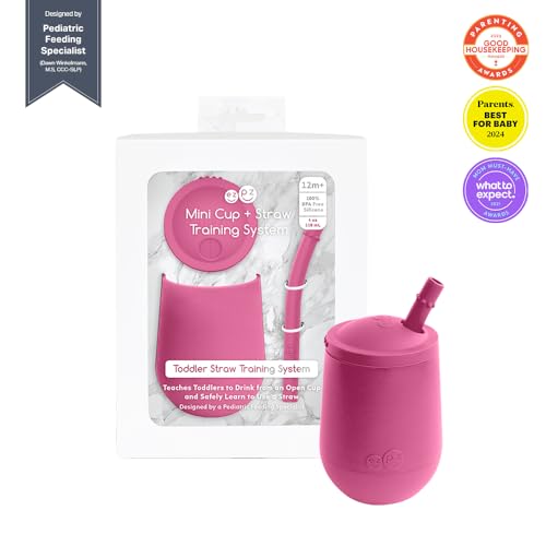 ezpz Mini Cup + Straw Training System - 100% Silicone Training Cup for Infants + Toddlers/Baby - Designed by a Pediatric Feeding Specialist - Non-Slip, Weighted Base & Tactile Bumps, 9 Months (Pewter) - Image 2