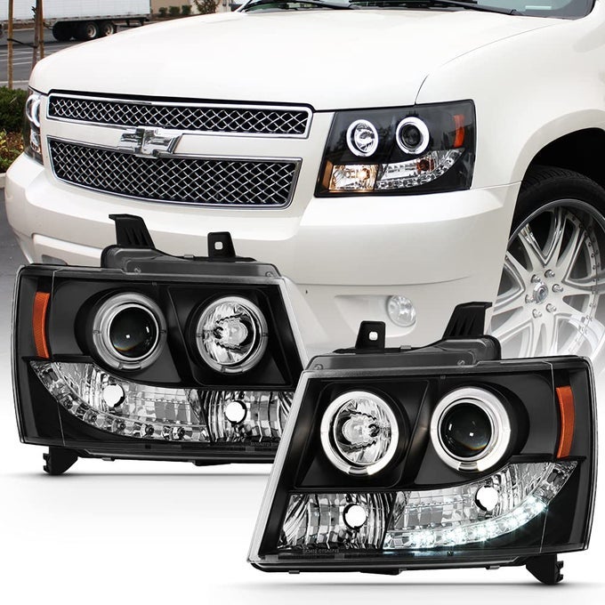 Led Drl Halo Ring Black Projector Headlights For 2007-2013 Chevy Suburban Tahoe Avalanche
