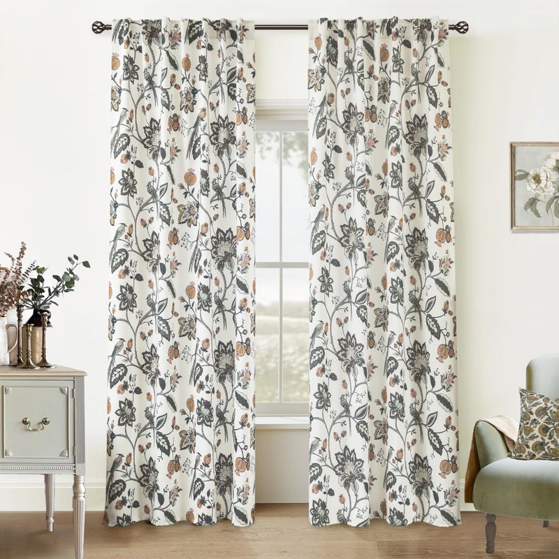 Lino Rosa French Country Farmhouse Curtains for Living Room Bedroom,Brown and Olive Green 70% Blackout Jacobean Floral Pattern Livingroom Curtains 84 Inches Long 2 Panels Set - Image 2