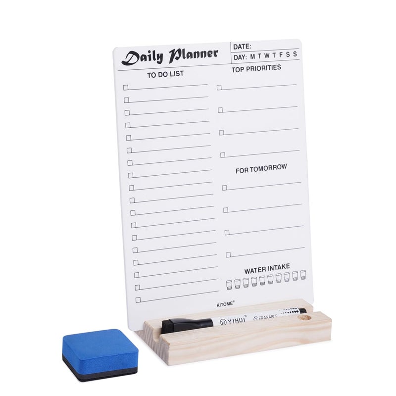 KITOME to Do List Planner, Acrylic Daily Planner Dry Erase Board for Desk (24X18 Cm), Double Sided Daily Planner Organizer with Wooden Base, 1 Marker & Duster. - Image 1