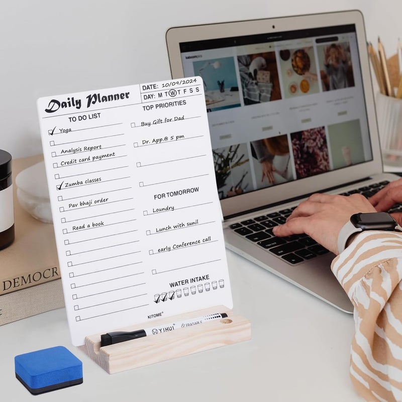 KITOME to Do List Planner, Acrylic Daily Planner Dry Erase Board for Desk (24X18 Cm), Double Sided Daily Planner Organizer with Wooden Base, 1 Marker & Duster. - Image 5