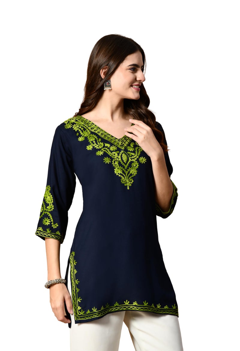 WESTEVER Embroidered Chikankari Kurti with Kashmiri Aari Work, V-Neck, 3/4 Sleeves, Rayon Fabric (in, Alpha, M, Regular, Navy-2) - Image 1